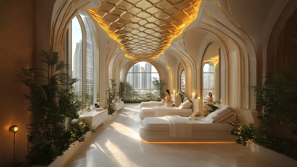 Spa tại The Prime với thiết kế nội thất sang trọng, giường thư giãn, cây xanh và view kính hướng thành phố