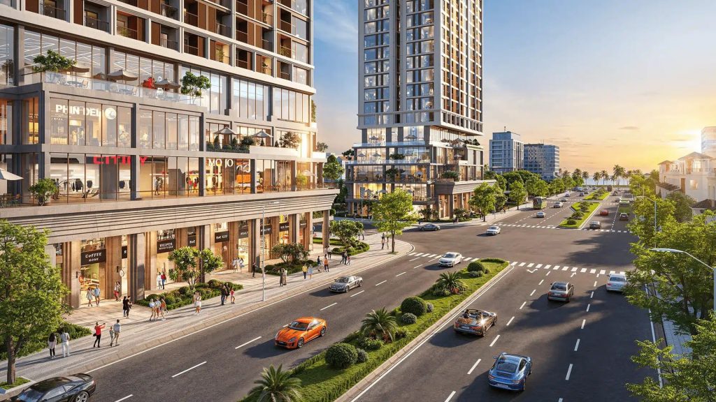 Hình ảnh phối cảnh trung tâm thương mại khối đế với không gian mua sắm hiện đại, kết nối tiện ích đẳng cấp bên hồ Tây