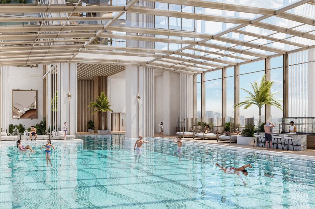 Bể bơi 4 mùa dự án The Prime Starlake Tây Hồ với thiết kế mái kính hiện đại, không gian mở, tiện ích cao cấp dành cho cư dân tận hưởng cuộc sống chuẩn resort.
